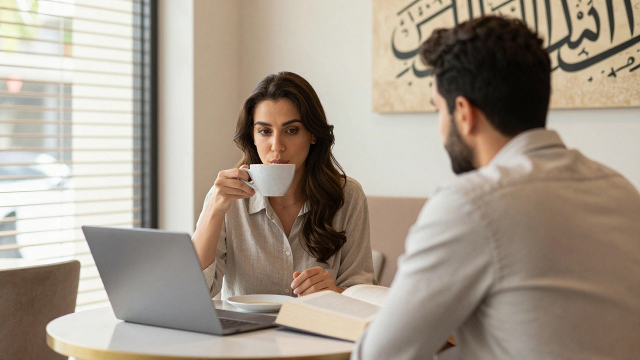 A natural-looking woman in a Dubai café, listening intently with calm confidence and no overt displays of wealth.