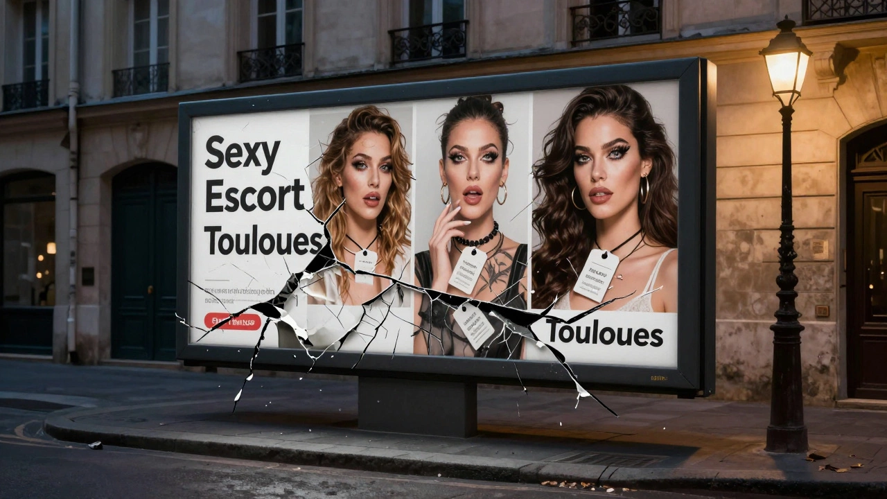 A peeling online ad for escort services revealing a peaceful Toulouse street beneath, symbolic contrast of exploitation and authenticity.
