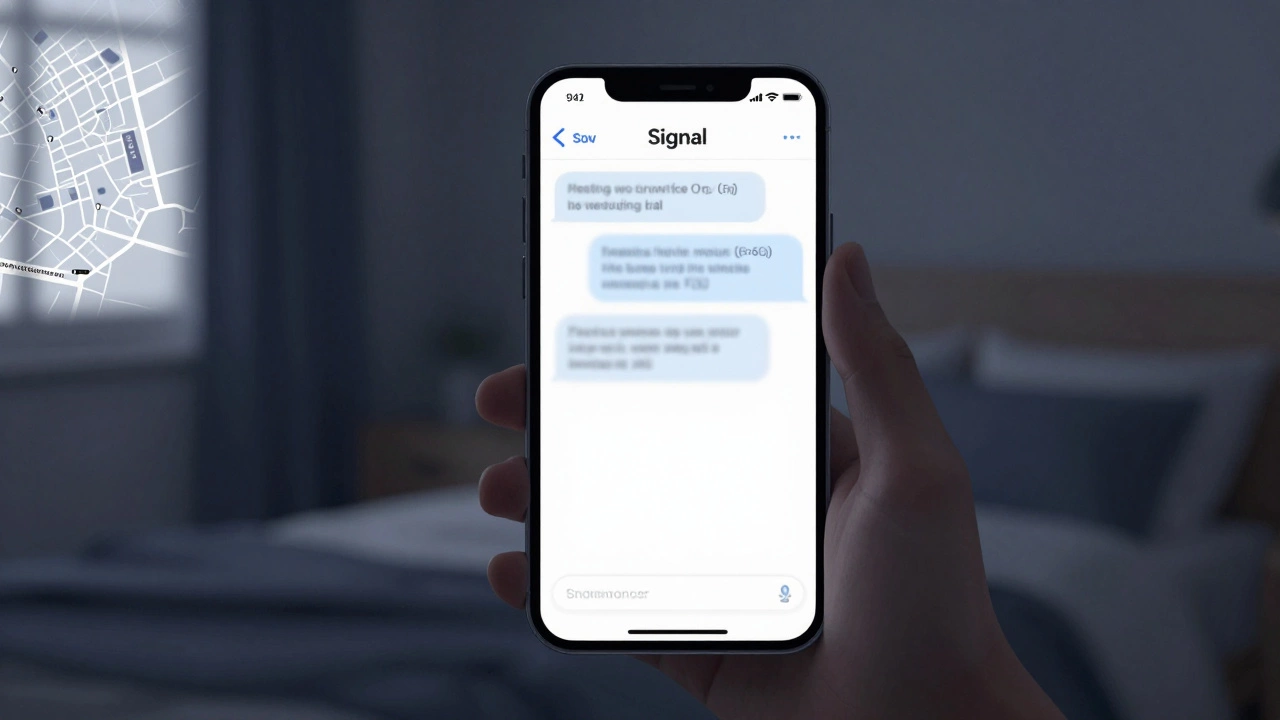 A smartphone displaying an encrypted message with a map of Toulouse, no faces visible, cool tones, dim room.